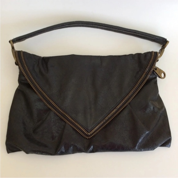 Matt & Nat Vegan Leather Large Black Envelope Clutch Zipper Trim Satchel Handbag - Picture 1 of 12